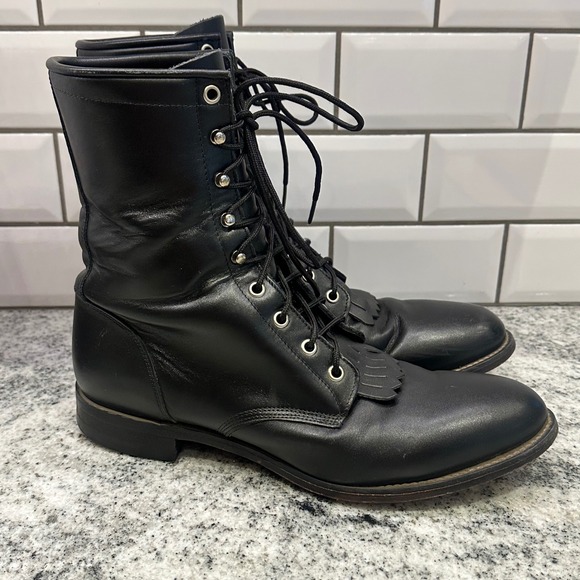 Justin 9.5 D Lace Up Kiltie Boots Mens Black Good Leather Western Work USA Made